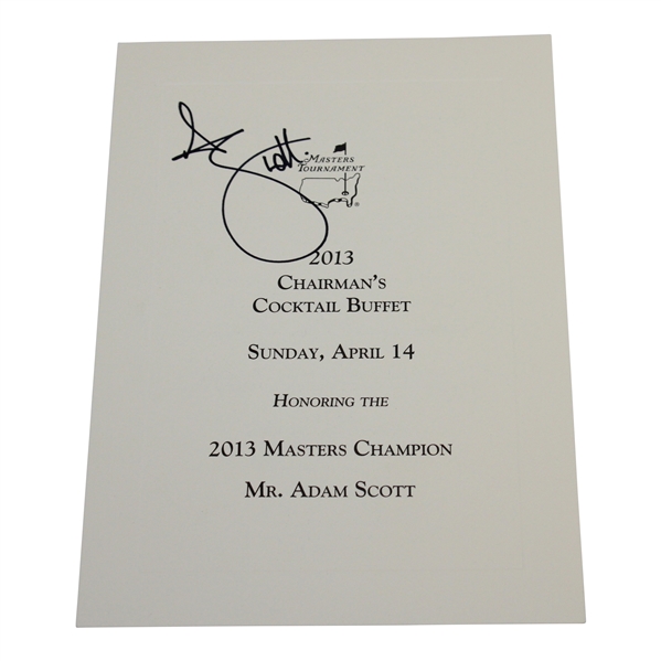 Adam Scott Signed 2013 Masters Chairman's Cocktail Buffet Menu - Night of Win! JSA ALOA