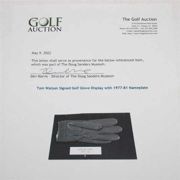 Tom Watson Signed Golf Glove Display with 1977-81 Nameplate JSA ALOA