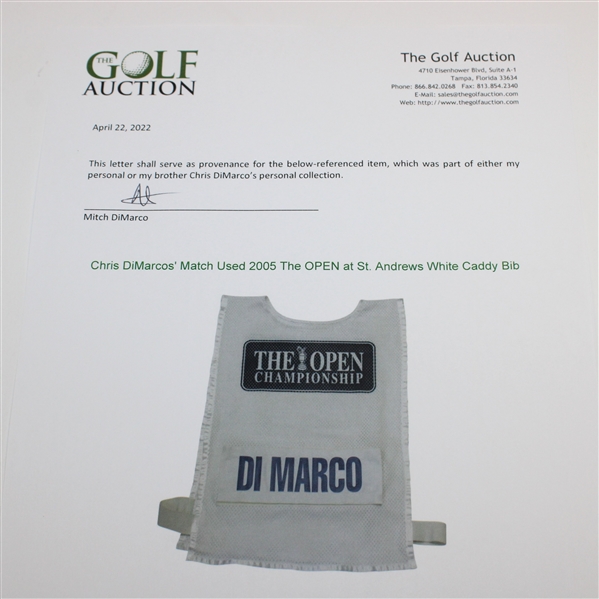 Chris DiMarcos' Match Used 2005 The OPEN at St. Andrews White Caddy Bib