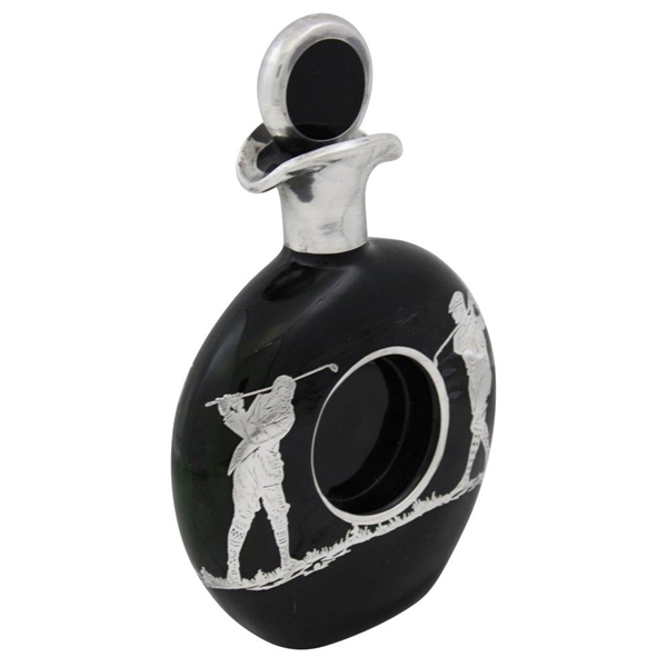 Vintage Golf Themed Sterling Overlay Art Deco Black Decanter with Stopper 