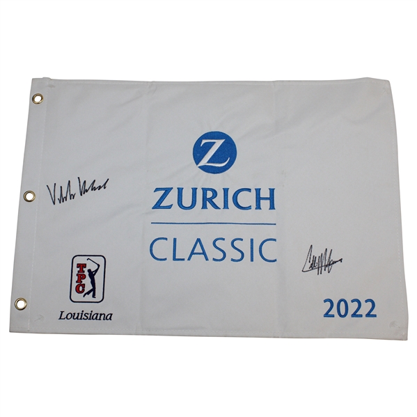 Viktor Hovland & Collin Morikawa Signed 2022 Zurich Classic at TPC La. Flag JSA ALOA