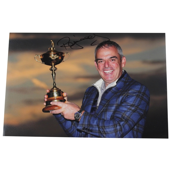 Paul McGinley Signed Photo at 2014 Ryder Cup Holding Trophy JSA ALOA