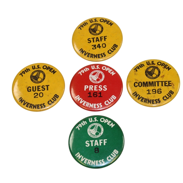 Five (5) 1979 US Open at Inverness Badges - Press, Staff, Guest & Committee