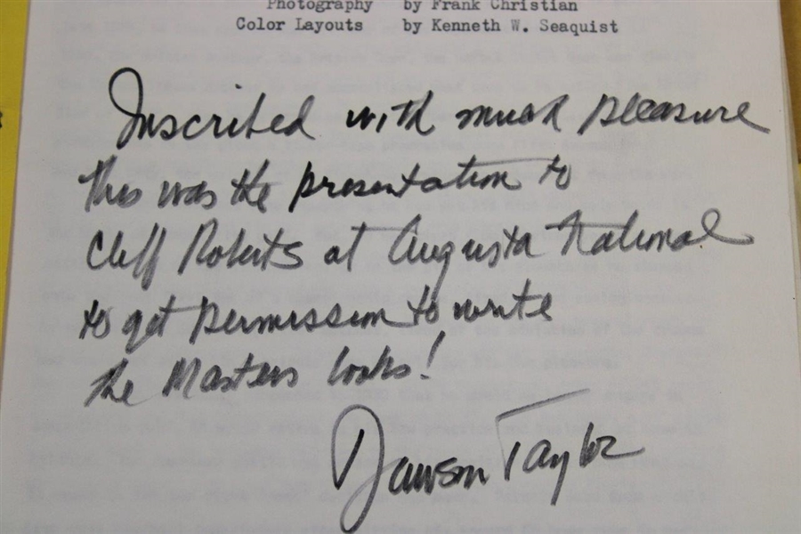 Dawson Taylor's 'The Masters...' Manuscript Presentation to Cliff Roberts - Unique