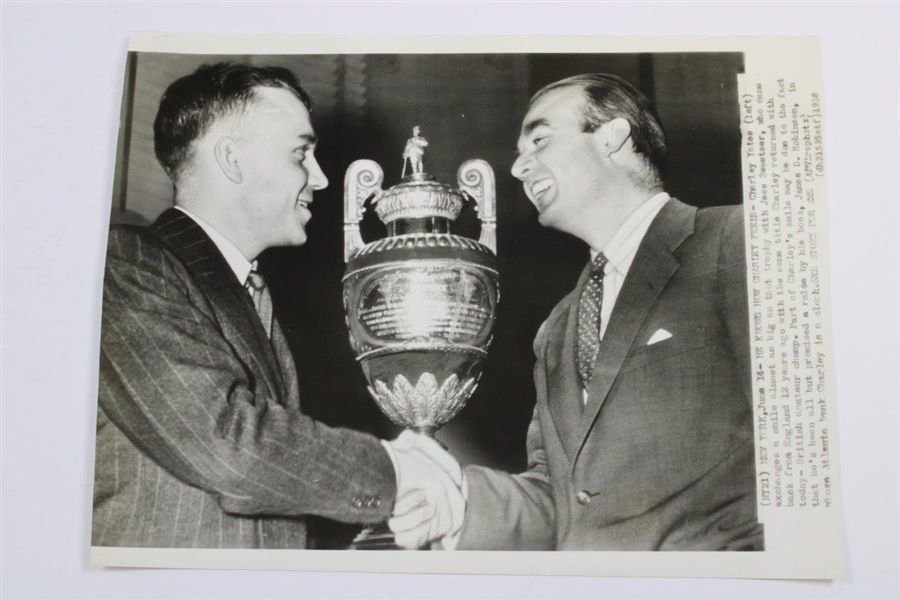 Charlie Yates & Jess Sweetser with Brit. Am Champ Trophy Wire Photo with Signed Card - 1938 JSA ALOA