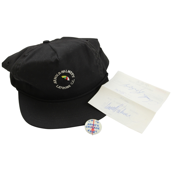 Arnold Palmer Signed Cut with Arnie's Crusade Army Pin & Black Latrobe Hat
