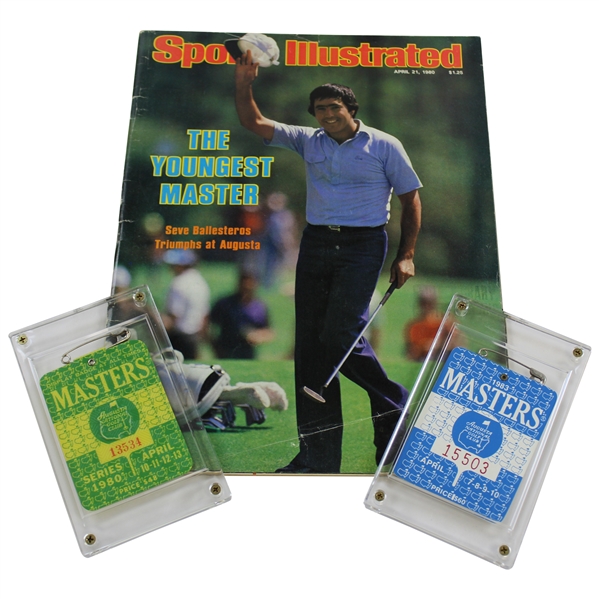 1980 & 1983 Masters Tournament SERIES Badges with 1980 Sports Illustrated Seve Ballesteros Cover