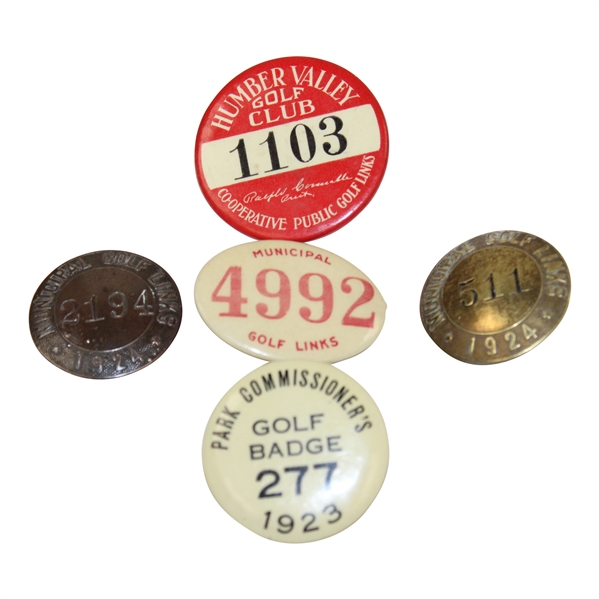 Group of Five (5) Circa 1920'S Municipal Golf Permit Badges