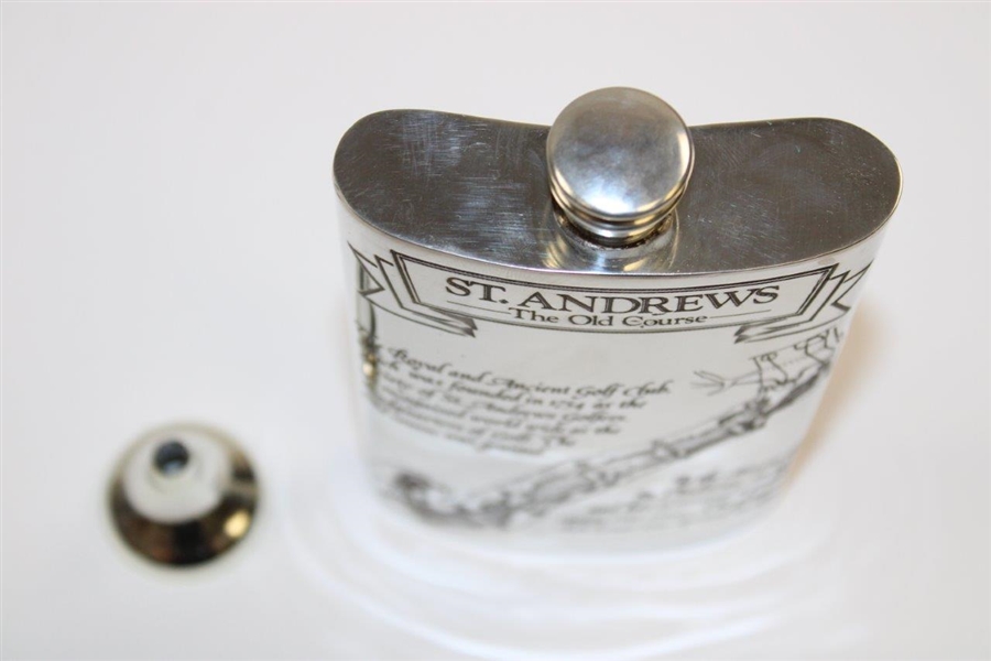 St. Andrews 'The Old Course' Pewter Flask with Course Layout with Funnel in Box