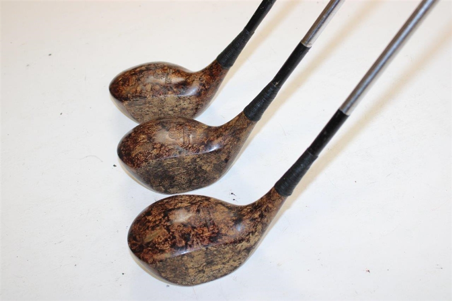 Set Of General Electric Woods Driver, Brassie, & Spoon Schavolite Golf Corp. Head Molded Of Textolite 1931 Long Island N.Y.