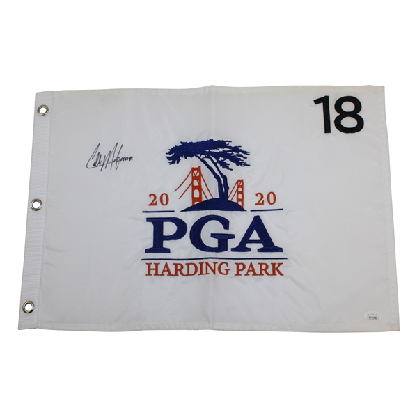 Collin Morikawa Signed 2020 PGA at Harding Park White Embroidered Flag JSA #WIT19983