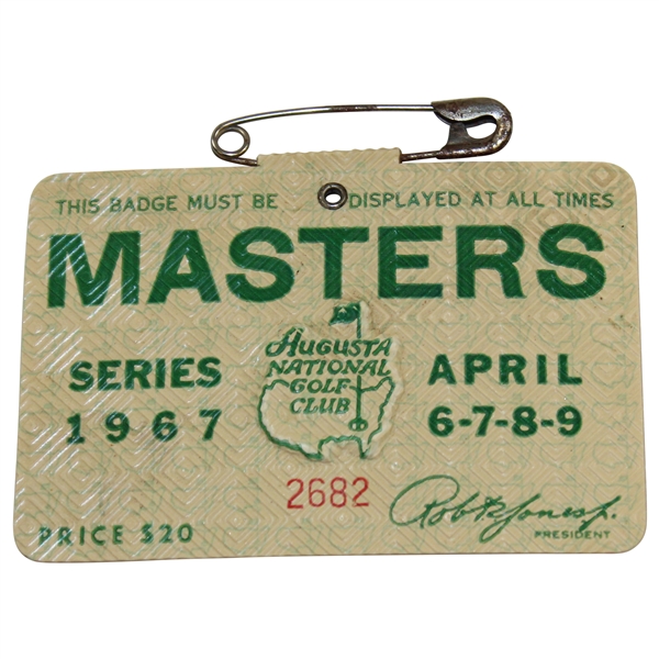 1967 Masters Tournament Series Badge #2682 Gay Brewer Winner
