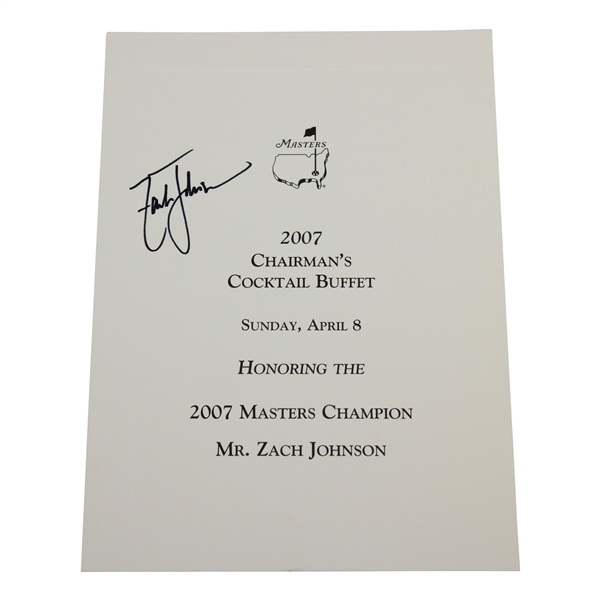 Zach Johnson Signed 2007 Masters Chairman's Cocktail Buffet Menu - Night of Win! JSA ALOA