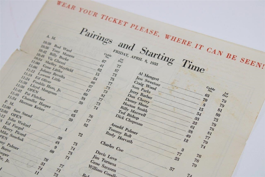 1955 Masters Tournament Friday Pairing Sheet - Carry Middlecoff Win