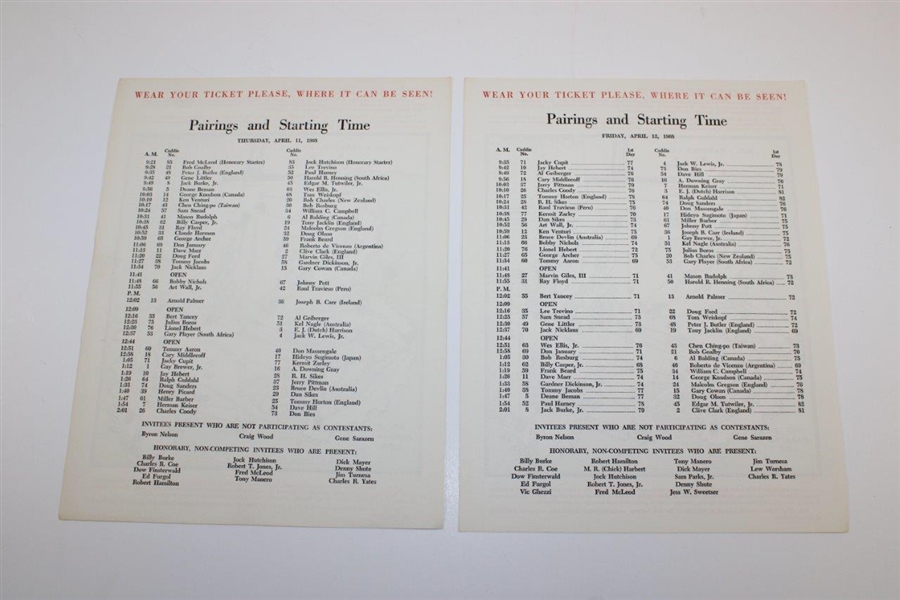 1968 Masters Tournament Sports Illustrated with All Four Round Pairing Sheets - Thurs, Fri, Sat & Sun. 