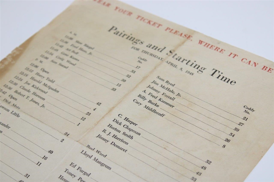 1948 Masters Tournament Thursday Pairing Sheet