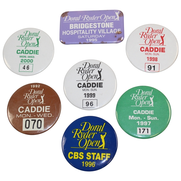 Seven (7) Various Caddie & Media Badges From Doral Ryder Open - 1992 & 1995-2000
