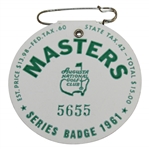 1961 Masters Tournament SERIES Badge #5655 - Gary Player Winner