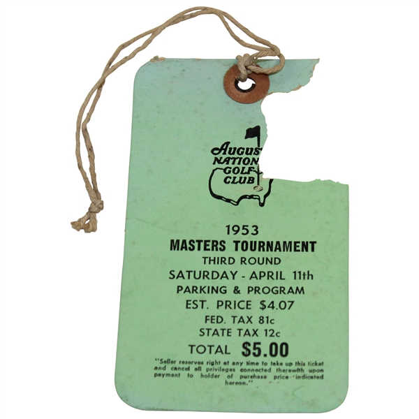 1953 Masters Tournament Saturday Third Rd Ticket with Original String - Ben Hogan Winner