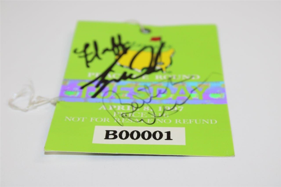 Tiger Woods, Caddy Fluff, & Coach Harmon Signed 1997 Masters Tuesday Ticket JSA #XX78834