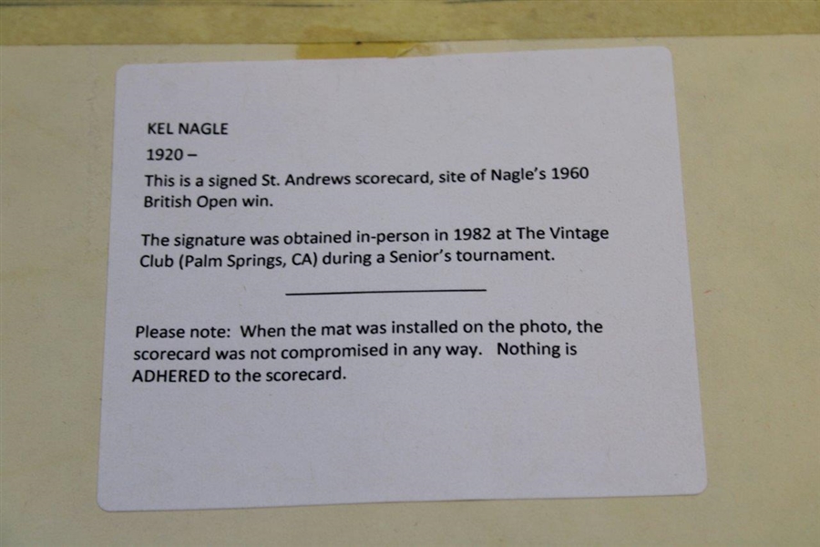 Kel Nagle Signed St. Andrews Scorecard In Custom Mat JSA ALOA