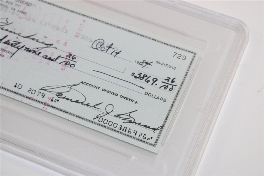 Sam Snead Signed 10/14/1984 Personal Check to Webb Plumbing PSA/DNA 83511599 MINT 9