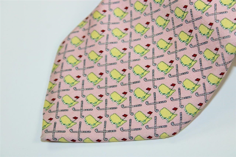 Augusta National Golf Club Pink with Yellow Logo & Crossed Clubs Necktie - Used