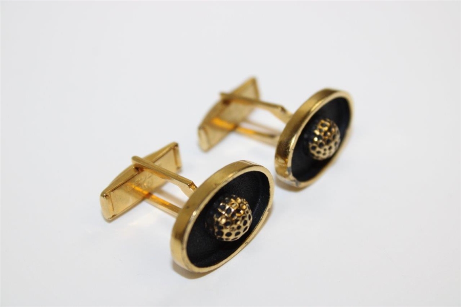 Pair of Gold Colored Golf Ball Themed Oval Shaped Cuff Links
