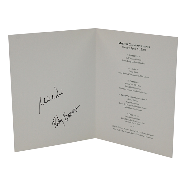 Mike Weir Signed 2003 Masters Champion Dinner Menu - Night of Win!  JSA ALOA