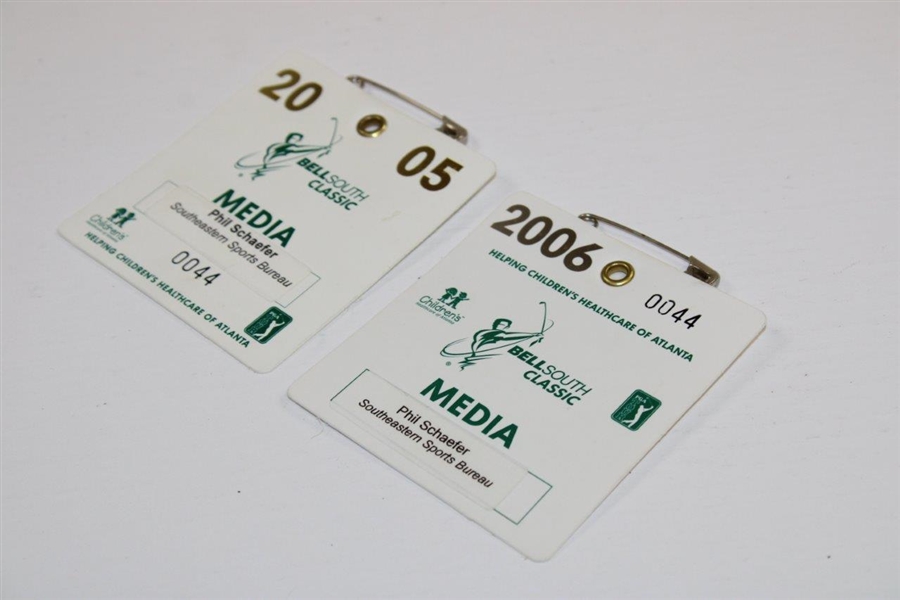 2005 & 2006 BellSouth Classic Media Badges Belonging to Phil Schaefer - Mickelson Wins