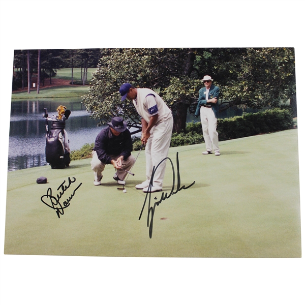 Tiger Woods & Butch Harmon Signed Original Augusta 1997 Masters Practice Rd Putting Photo JSA ALOA