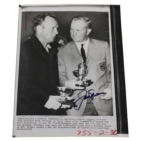 Jack Nicklaus Signed 1963 Canada Cup with Arnold Palmer Photo JSA ALOA