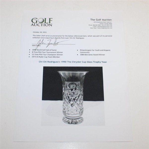 Chi Chi Rodriguez's 1990 The Chrysler Cup Glass Trophy Vase