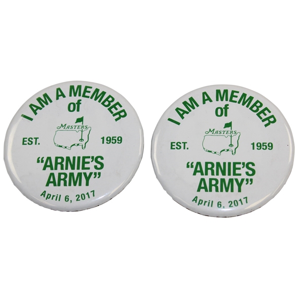 Two (2) I Am A Member of Arnie's Army 2017 Masters Commemorative White w/Green Pins
