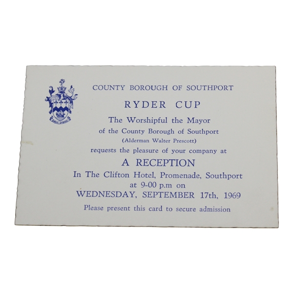 Captain Sam Sneads Personal 1969 Ryder Cup The Clifton Hotel Reception Invitation Card
