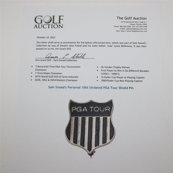 Sam Snead's Personal 10kt Gold Filled Undated PGA Tour Shield Pin