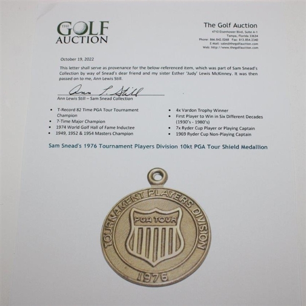 Sam Snead's 1976 Tournament Players Division 10kt Gold Filled PGA Tour Shield Medallion