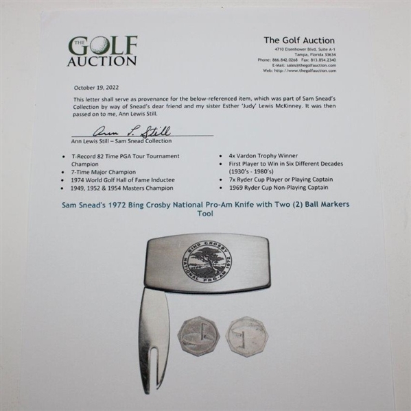 Sam Snead's 1972 Bing Crosby National Pro-Am Knife with Two (2) Ball Markers Tool