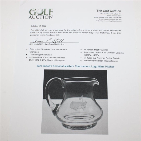 Sam Snead's Personal Masters Tournament Logo Crystal Glass Pitcher