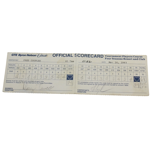 Fred Couples Signed Official 1993 GTE Byron Nelson Classic Scorecard JSA ALOA