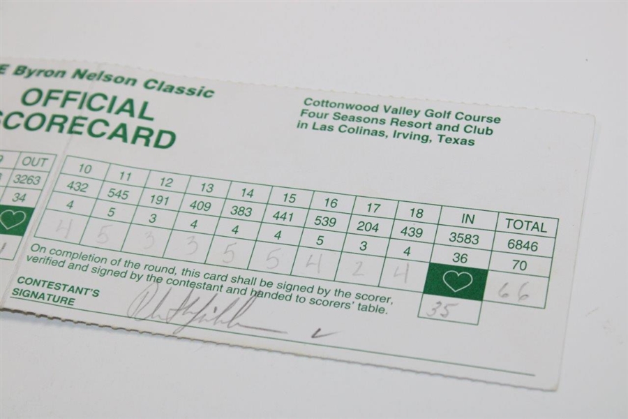 Phil Mickelson Signed Official 1998 GTE Byron Nelson Classic Scorecard JSA ALOA