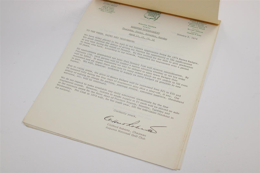 1974 Masters Tournament Official 'Releases to the Press, Radio & Television' Guide
