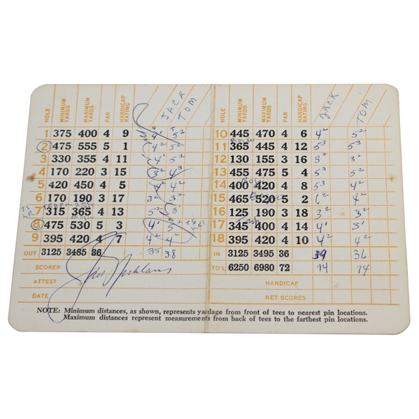 Jack Nicklaus & Tom Weiskopf Signed Vintage Masters Scorecard JSA ALOA