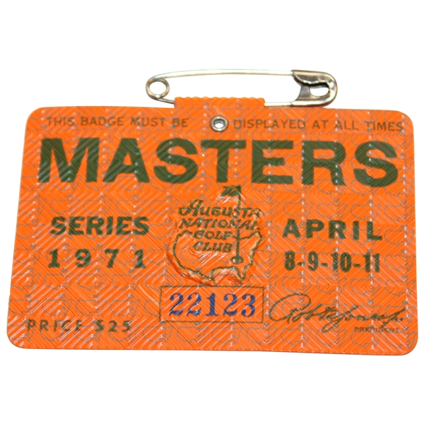 1971 Masters Tournament SERIES Badge #22123 - Charles Coody Winner