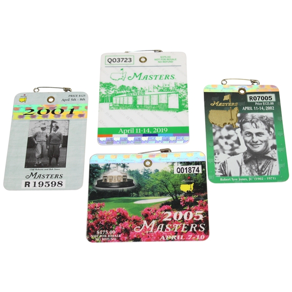 2001, 2002, 2005 & 2019 Masters Tournament SERIES Badges - Four of Tiger's Masters Wins