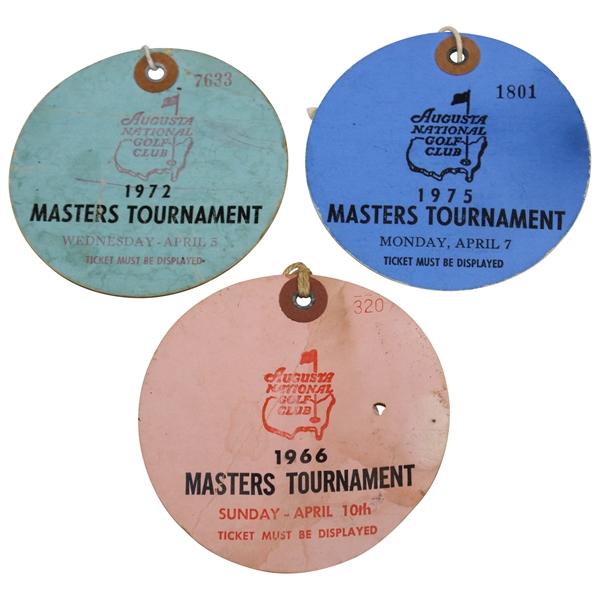 1972 (Wed), 1975 (Mon) & 1966 (Sun) Masters Tournament Tickets - Jack Nicklaus Wins