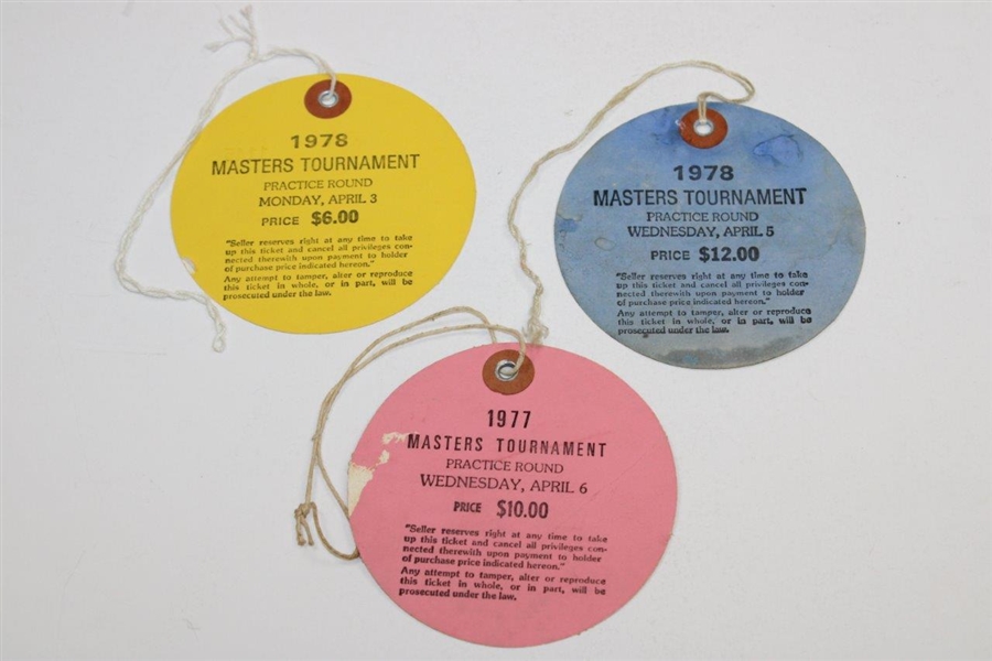 1977 (Wed), 1978 (Mon) & 1978 (Wed) Masters Tournament Tickets