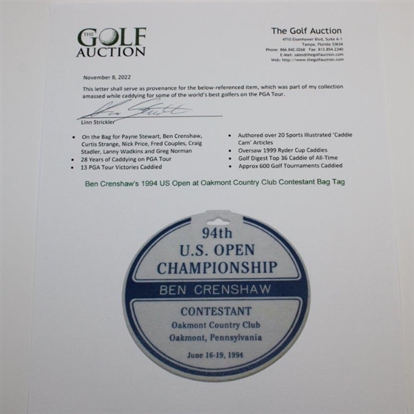 Ben Crenshaw's 1994 US Open at Oakmont Country Club Contestant Bag Tag