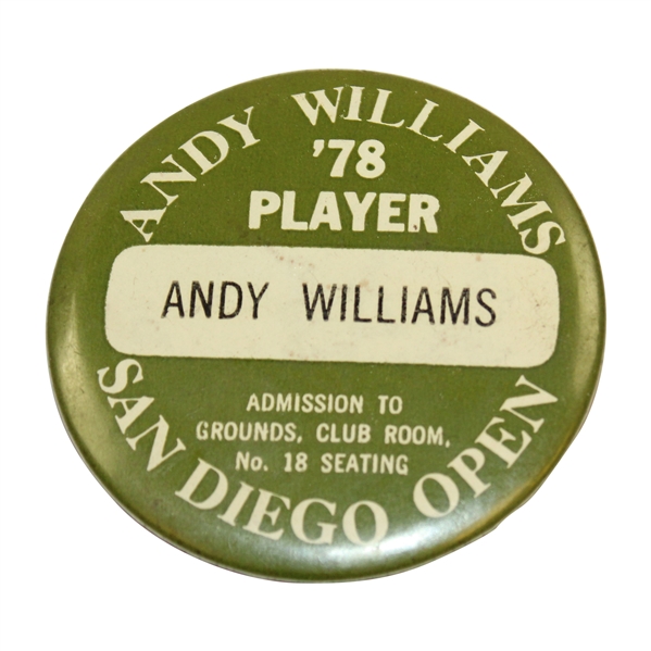 Andy Williams 1978 Player Badge to Andy Williams San Diego Open - Linn Strickler Collection