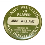 Andy Williams 1978 Player Badge to Andy Williams San Diego Open - Linn Strickler Collection